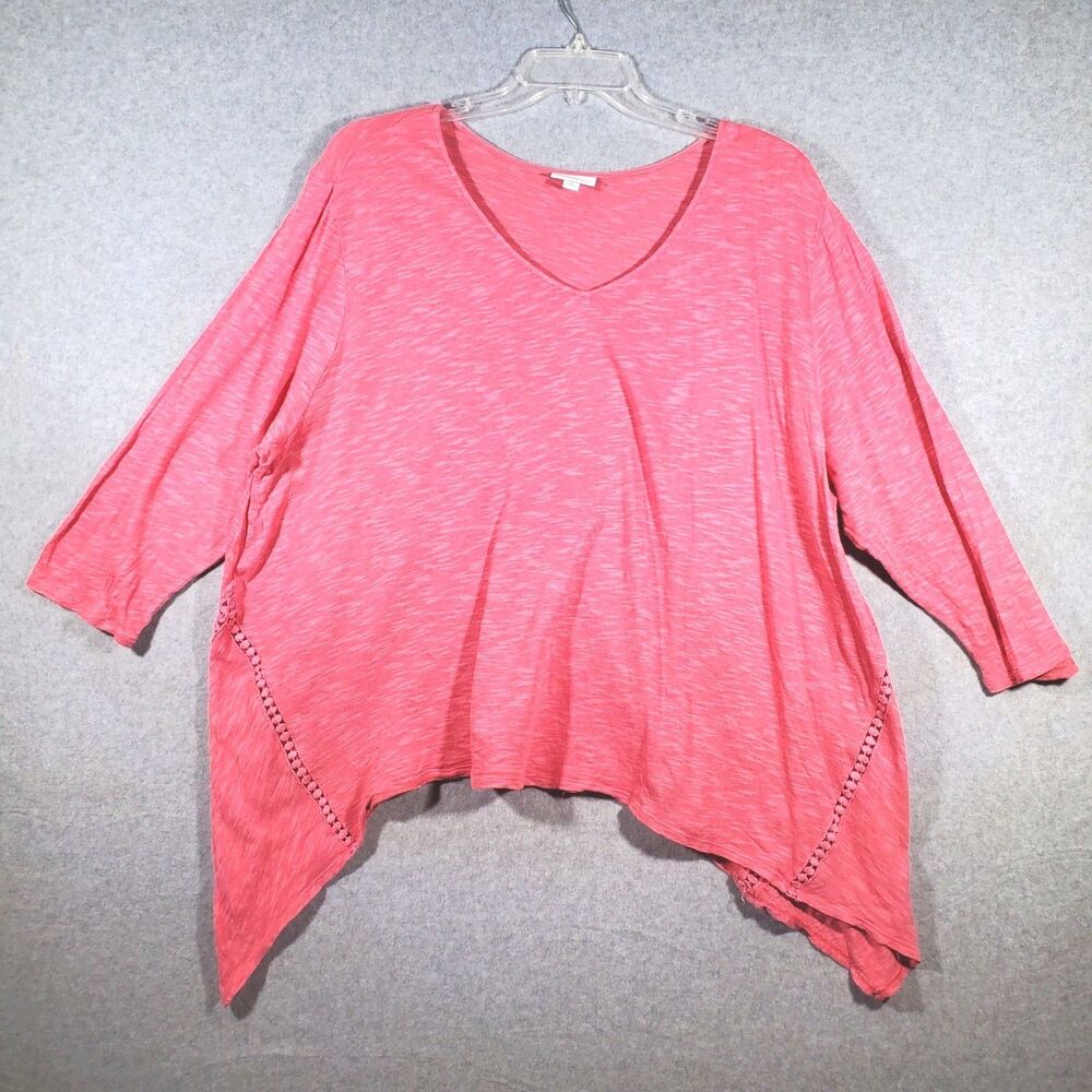 J. Jill Top Pink Linen Cotton Asymmetrical Sharkbite Hem Crochet Trim V-Neck 3x